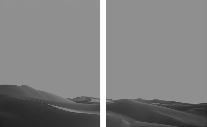Imperial Dunes III Diptych — two-panel black-and-white photograph of the Imperial Sand Dunes, designed to hang as a matched pair. Medium format film by Alex Hoerner.