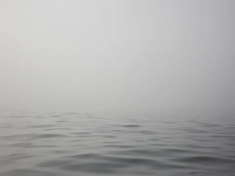 Inceville II — black-and-white photograph of soft fog and gentle silver ripples on the ocean surface, shot from water level. Medium format film by Alex Hoerner.